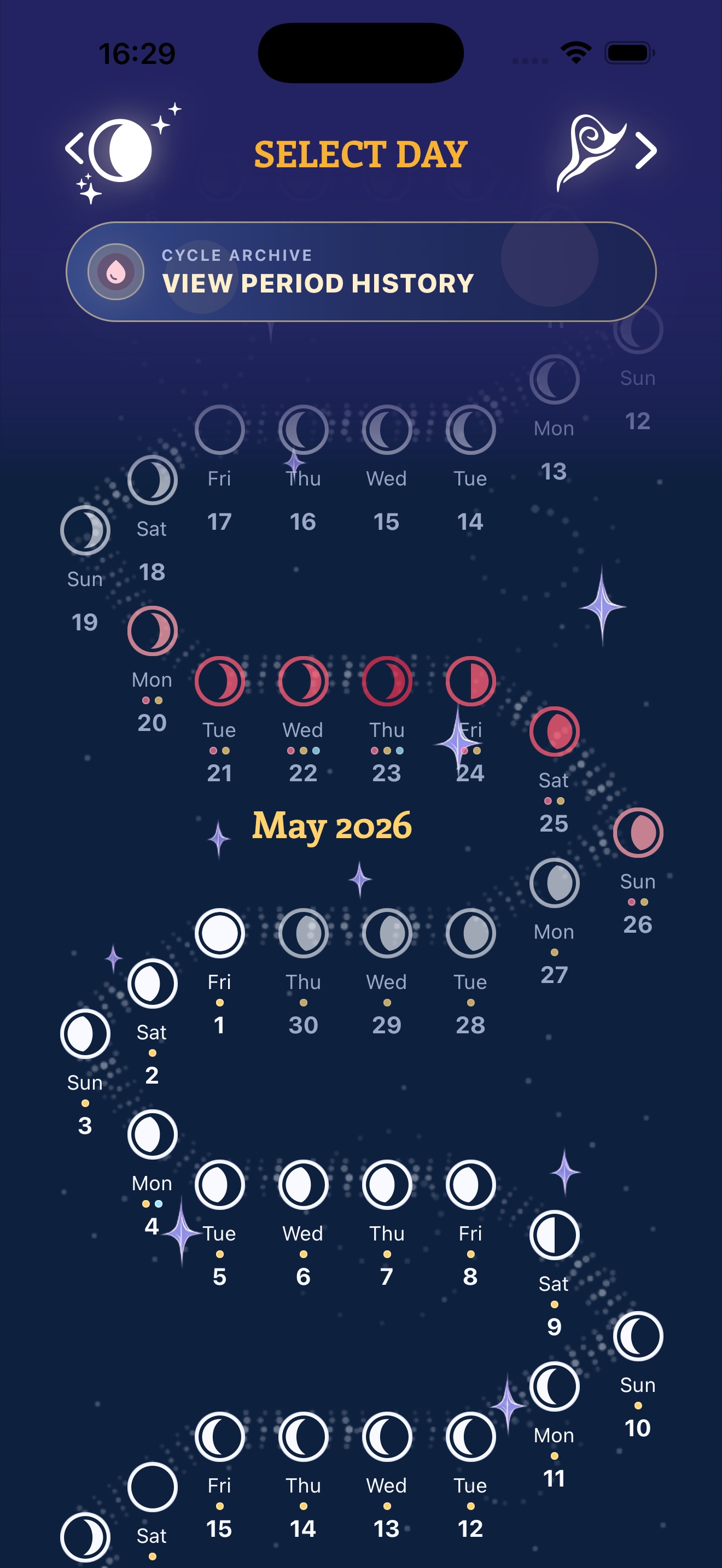 Choose dates, see what was logged, and understand what is coming. app preview